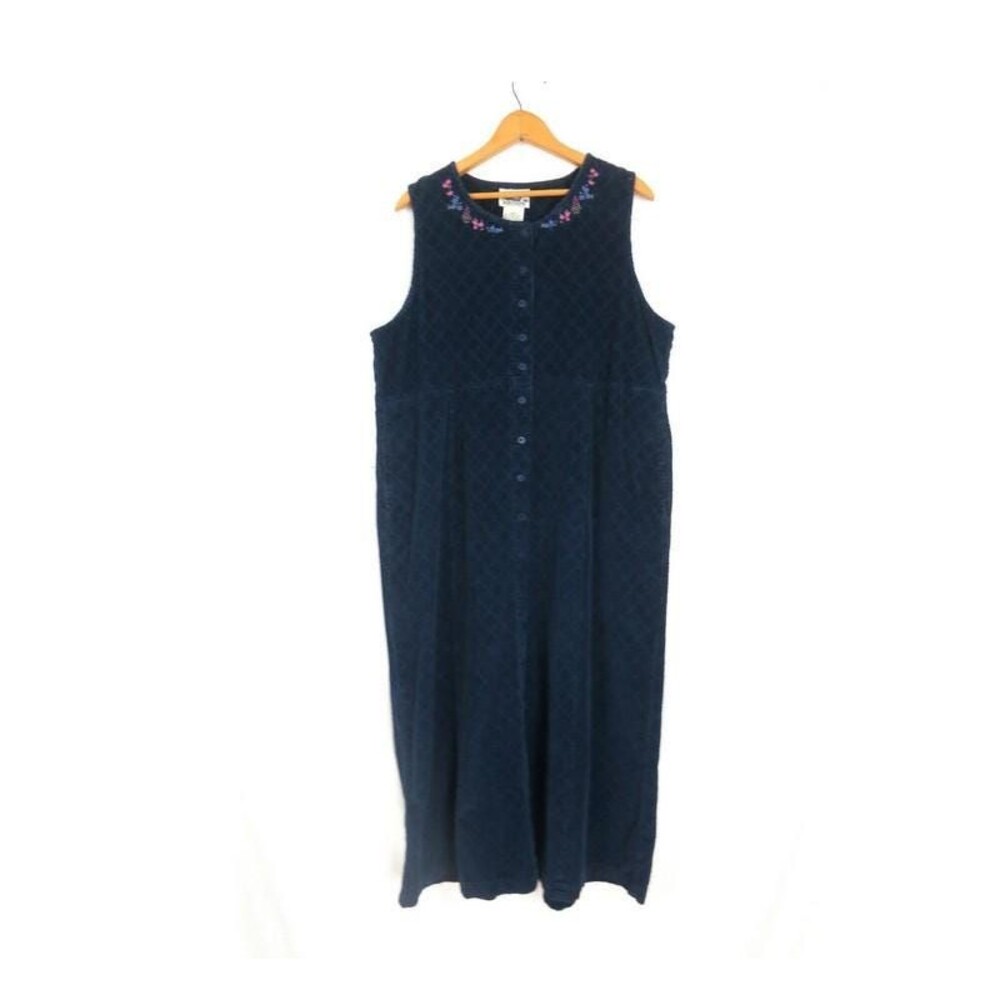 Vintage 90s Floral Corduroy Jumper Dress, Navy Blue, Womens Medium